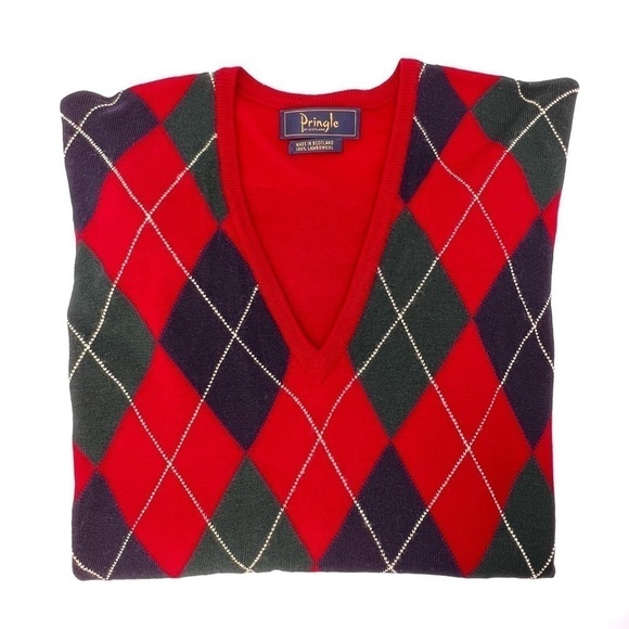 Pringle of Scotland Men’s Large Argyle Sweater Lambswool Red Navy Blue Green EUC - Picture 7 of 8